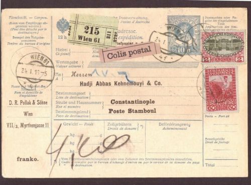 Österreich Mehrfachfrankatur Einschreiben Paketkarte Wien - Konstantinopel 1916
