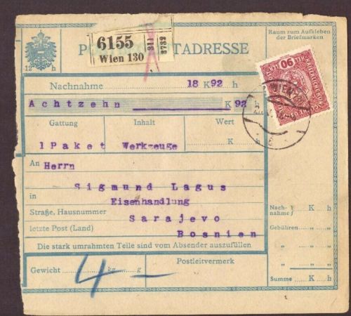 Österreich Einzelfrankatur Paketkarte Wien - Sarajevo 1918