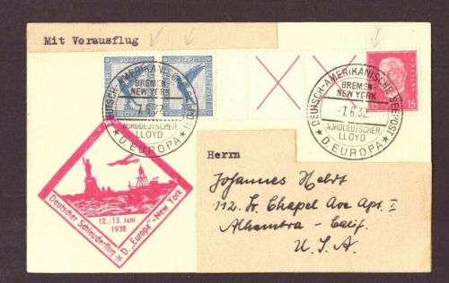 Dt. Reich Deutsch Amerikanische Seepost Schleuderflug Bremen - New York 1932