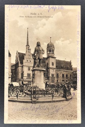Ansichtskarte Halle - Altes Rathaus mit Händel Denkmal - Bahnpost 1924