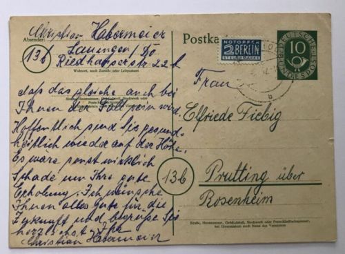 Posthorn Ganzsache gelaufen Lauingen n. Prutting 1952
