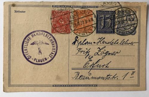 Dt. Reich Ganzsache Infla - Handelslehranstalt Plauen n. Erfurt 22.11.1922