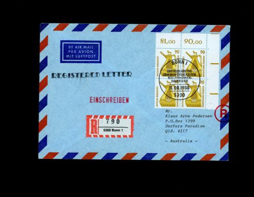 FDC Einschreiben Michel Nummer 1401 4er Block Eckrand Bonn nach Australien