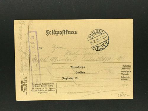 Feldpostkarte I.WK Hagenau Elsaß 15.7.1916