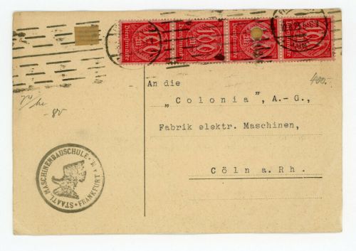 Deutsches Reich Dienst-Postkarte Maschinenbauschule Frankfurt 1923 - gelocht