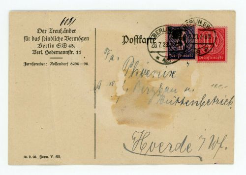 Deutsches Reich Dienst PK - Freihänder f.d. feindliche Vermögen Berlin 1923