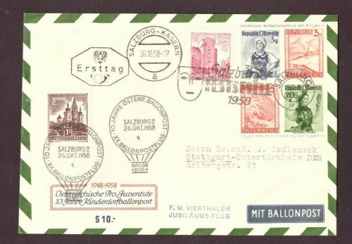 Österreich Ballonpost 1958 Salzburg nach Stuttgart