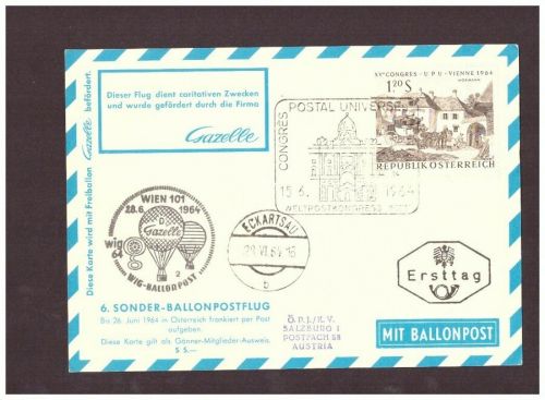 Österreich Ballonpost 1964 Ersttag Weltpostkongress Wien