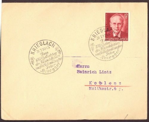 Dt. Reich Michel Nummer 856 SST 100. Geburtstag nach Koblenz