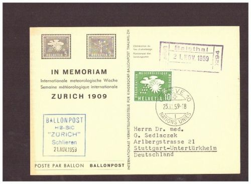 Schweiz Ballonpost Balsthal 1959 Genf nach Stuttgart