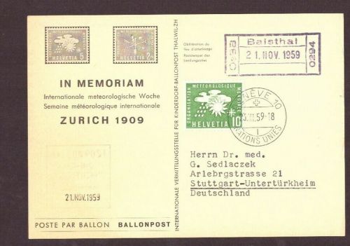 Schweiz Ballonpost Balsthal 1959 Genf nach Stuttgart