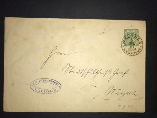 Württemberg Dienstganzsache Waldsee nach Wurzach 1901