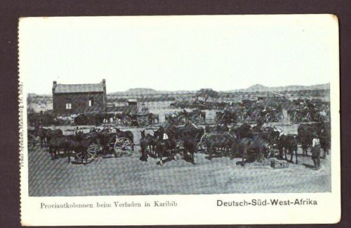 Ansichtskarte Deutsch Süd West Proviantkolonnen beim Verladen in Karibib