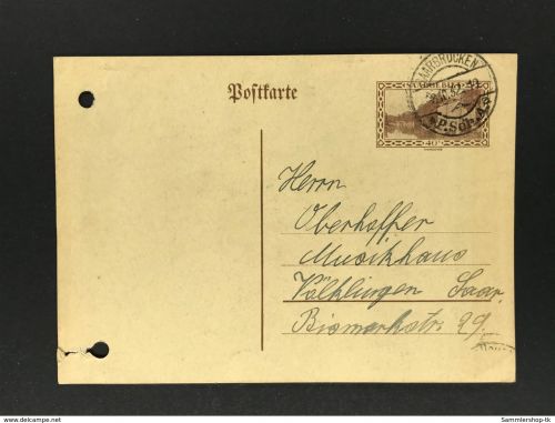 Saargebiet Ganzsache P25 gelocht Saarbrücken n. Völklingen 8.10.1932