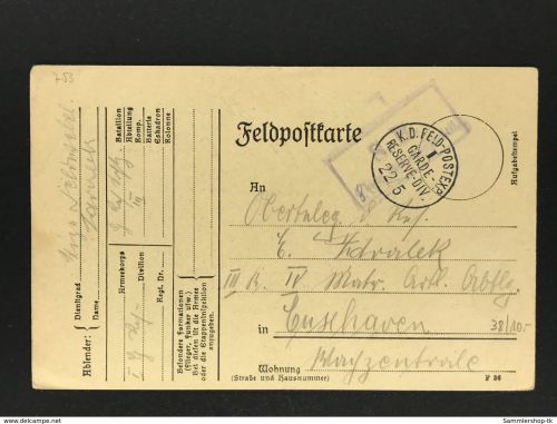 Feldpostkarte I. WK - 20.05.1915 - I Garde Reserve Div. nach Cuxhaven