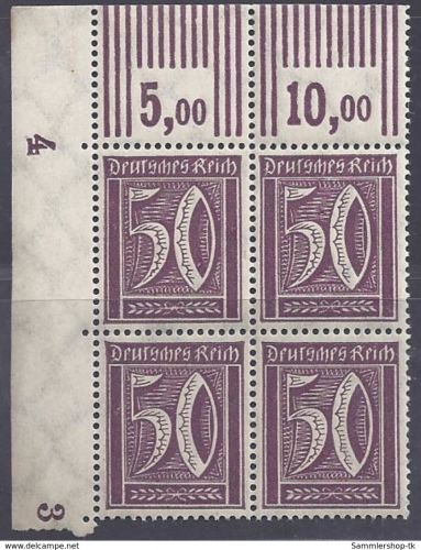 Deutsches Reich Michel Nummer 183 WOR 2'9'2 / 3'7'3 4er Block Ecke links