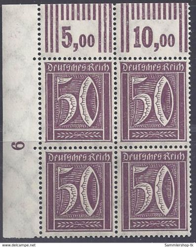 Deutsches Reich Michel Nummer 183 WOR 2'9'2 / 3'7'3 4er Block Ecke links