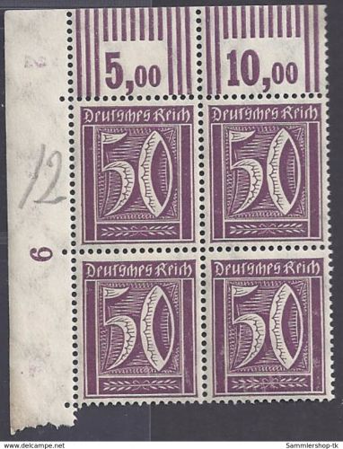 Deutsches Reich Michel Nummer 183 WOR 2'9'2 / 3'7'3 4er Block Ecke links