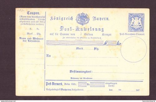 Ganzsache Postanweisung Bayern ungebraucht