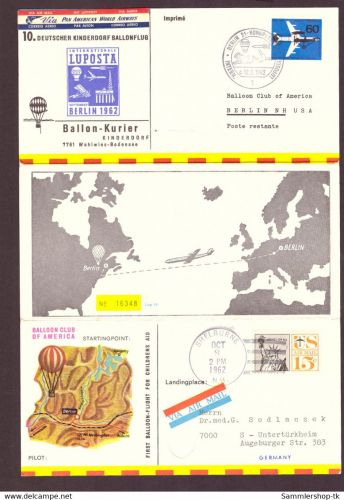 Ballonpost USA Shelburne nach Stuttgart 1962 Via Airmail / Luftpost