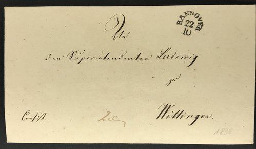 Vorphila Briefhülle Hannover 1838 nach Wittingen mit Papiersiegel