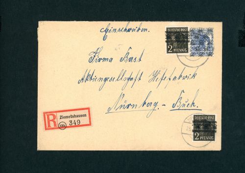 Alliierte Besetzung BiZone Mischfrankatur Einschreiben Ziemetshausen 1948