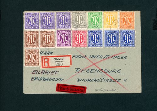 Alliierte Besetzung BiZone AM-Post Mischfrankatur Eilboten Einschreiben Weiden
