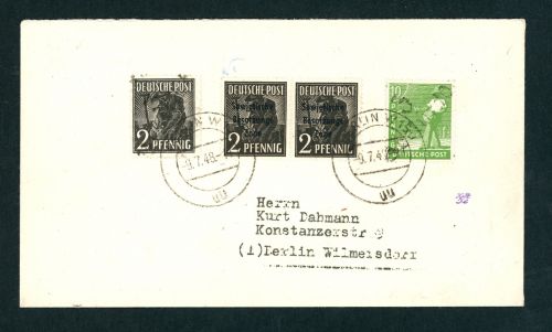 Berlin Bezirkshandstempel / Sowj. Zone Mischfrankatur Berlin 9.7.1948