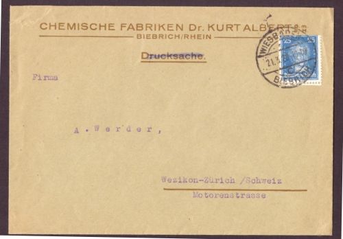 Deutsches Reich chemische Fabriken Biebrich / Rhein nach Weizikon Zürich