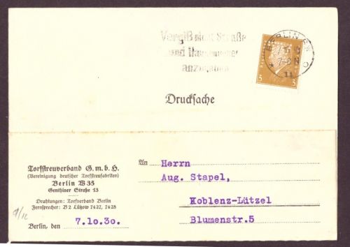 Deutsches Reich Drucksache Berlin nach Koblenz Lützel mit Firmen-Lochung 1930
