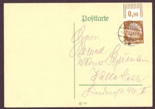 Deutsches Reich Postkarte mit OR gelaufen Nagel nach Halle Saale 3.07.1933
