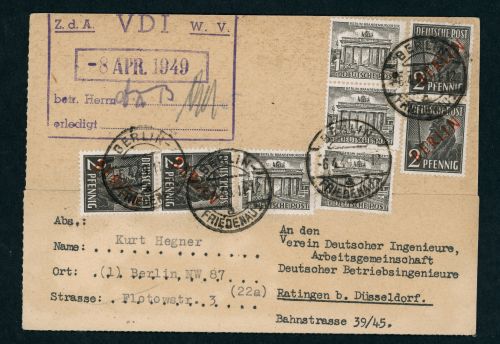 Berlin Mischfrankatur Michel Nr. 21 + 42 VDI-Karte 1949