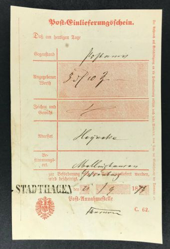 Posteinlieferungsschein 1873 Stadthagen