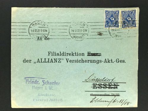 Dt. Reich Inflation MeFr. Hagen 14.12.22 an Filialdirektion Allianz Düsseldorf