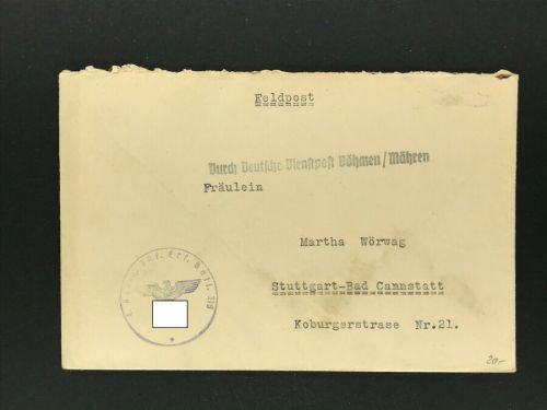 Dt. Reich Feldpost durch Dienstpost Böhmen / Mähren Frankstadt n. Stuttgart