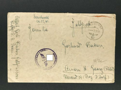 Dt. Reich Felpost Feldpost Nr. L33025 Luftgaupostamt Posen - 21.11.1941