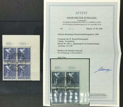 All. Besetzung Viererblock Nr. 962 a - Sonderstempel Krefeld 25.4.1948 - Attest