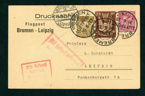 Dt. Reich Infla Ganzsache + ZuFr Luftpost Bremen - Berlin nach Leipzig 1923