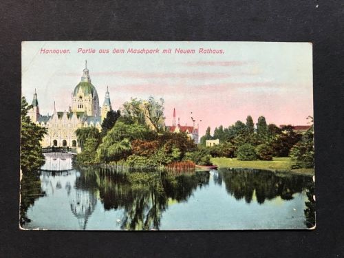 Ansichtskarte Hannover Partie aus dem Maschpark mit neuem Rathaus 1913