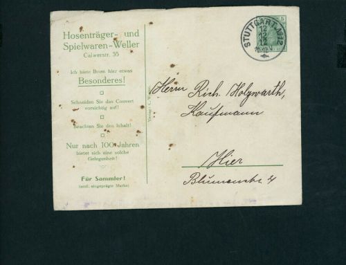 Dt. Reich Ganzsachen Umschlag Germania - Firma Weller Stuttgart 12.12.1912
