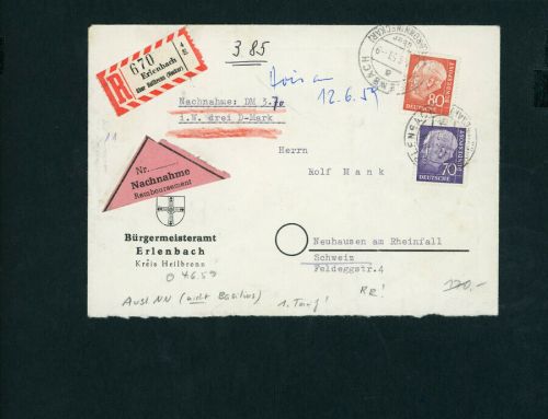 Bund Mi.Nr. 263+264 MiFr. Nachnahme Sendung Erlenbach n. Neuhausen Schweiz 1959