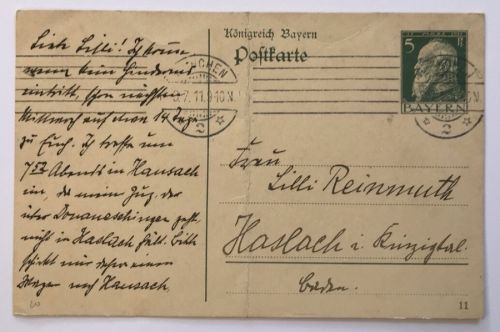 Ganzsache Bayern München n. Haslach 1911 - geknickt-
