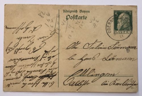 Ganzsache Bayern Obernheim 1911 siehe Bild