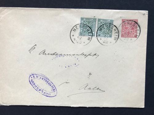 Württemberg Dienstganzsache + ZuF Waag. Paar , Amtsger. Neresheim n. Aalen 1901