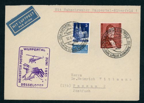 Berlin Michel Nummer 74 Mischfrankatur Helikopter Postflug Wuppertal 1951