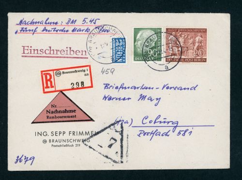 Bund Heuss Mischfrankatur Nachnahme Einschreiben Braunschweig n. Coburg