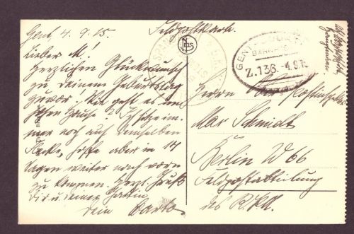 Feldpostkarte Le Rabot bei Gand 1915 nach Berlin