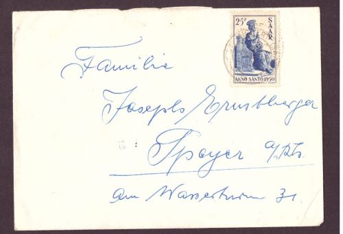 Saar Brief mit Michel Nummer 295 St. Ingbert nach Speyer 1950