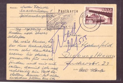Saar Brief mit Michel Nummer 322 SST Grand Prix 1955 Saarbrücken - Dieburg