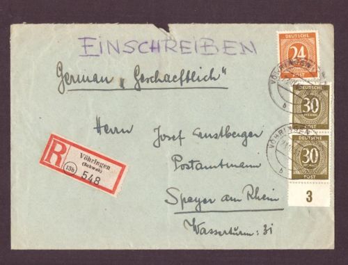 Alliierte Besetzung Einschreiben Vöhringen nach Speyer 23.10. 1947